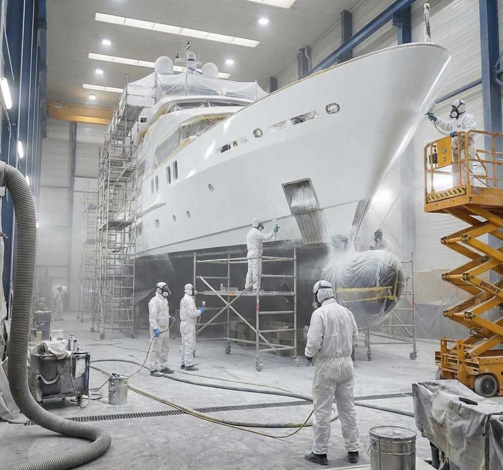 workers painting large yacht